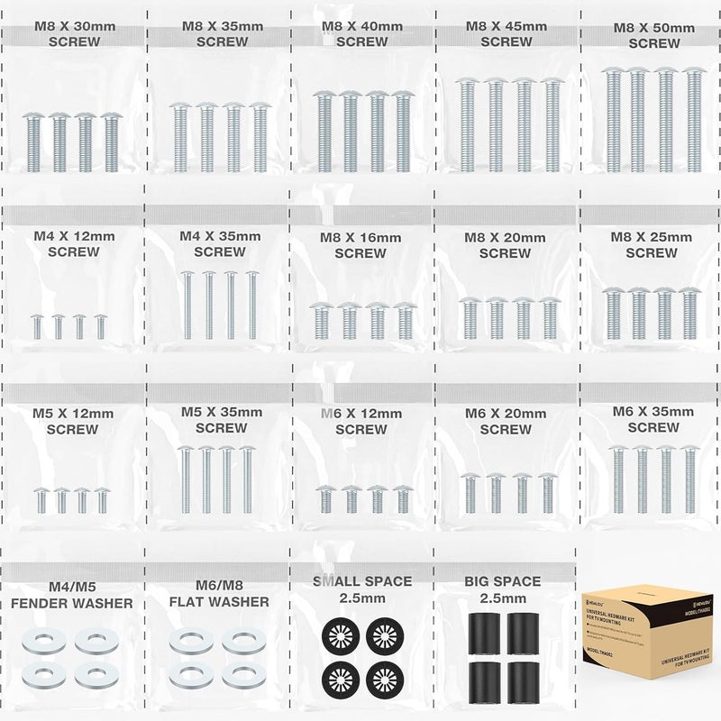 Hemudu TV Mount Screws Universal TV Installation Hardware Kit Includes M4 M5 M6 M8 Sets Screws and Spacers for Vizio, LG, TCL, Sony, Sharp, Philips, Panasonic & More Up to 100" HTA002 - Image 1